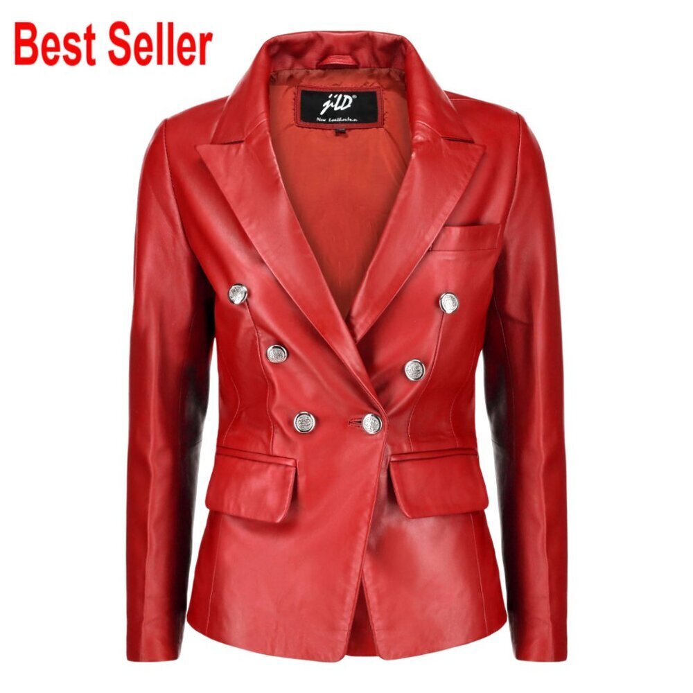 Lambskin Leather Blazer with Fancy Buttons, Long Sleeve Coat Style